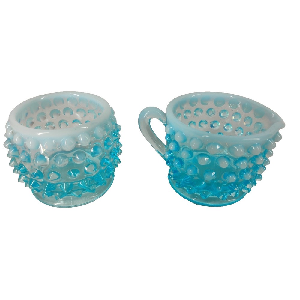 Fenton Blue Opalescent Hobnail 2" Creamer & Bowl‎ Set Vintage